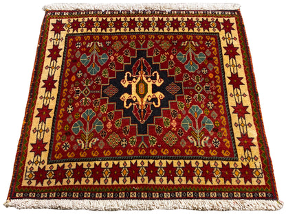 Teppich 60x58 cm in Rot: orientalisches Randornament, schwarzes Mittelmedaillon, Fransen
