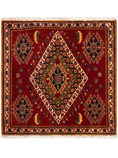Poshti-Teppich mit rotem Grund, geometrischem Diamantmuster und Zierbordüre