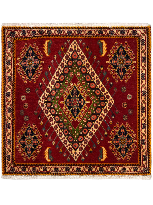 Poshti-Teppich mit rotem Grund, geometrischem Diamantmuster und Zierbordüre