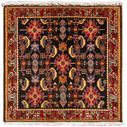 Poshti-Teppich mit geometrischem Muster: schwarz, Rot-, Gelb- und Grüntöne, 66x65 cm