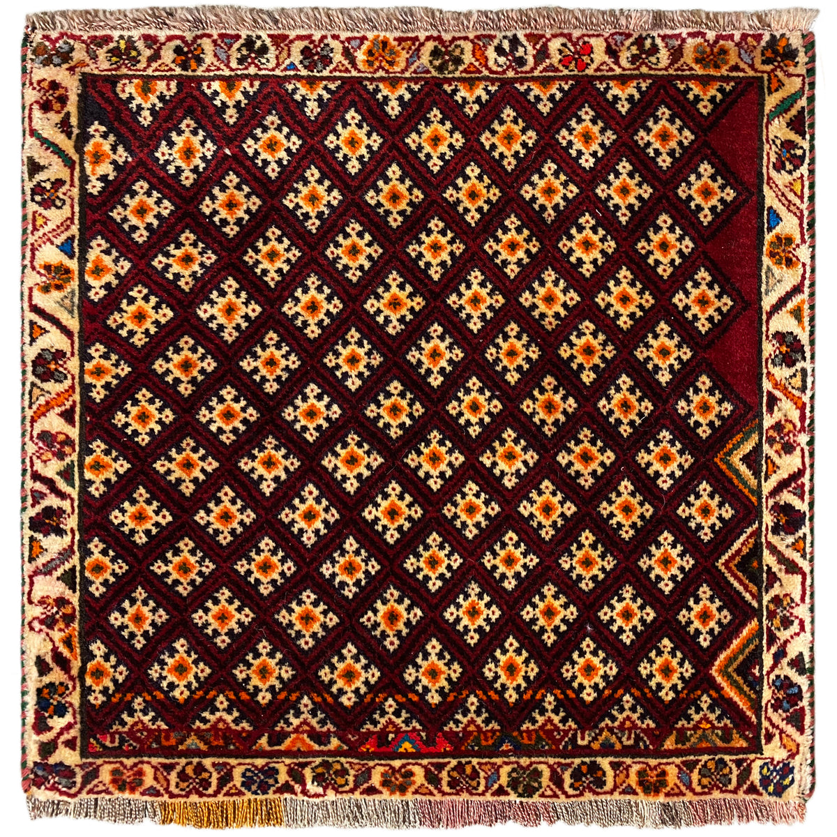 Poshti-Teppich 61x59 cm: quadratisches Design mit geometrischem Muster, Dunkelrot und bunt