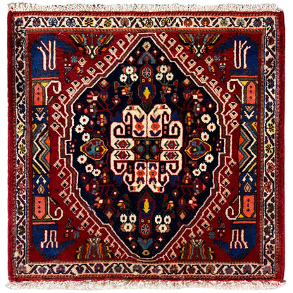 Poshti Teppich mit dunkelblauem Muster und roten Rändern, rechteckig, Fransen