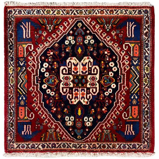 Poshti Teppich mit dunkelblauem Muster und roten Rändern, rechteckig, Fransen