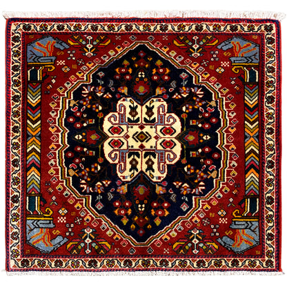 Poshti Teppich 65x61 cm, rotes Muster mit dunklem Medaillon und Fransen