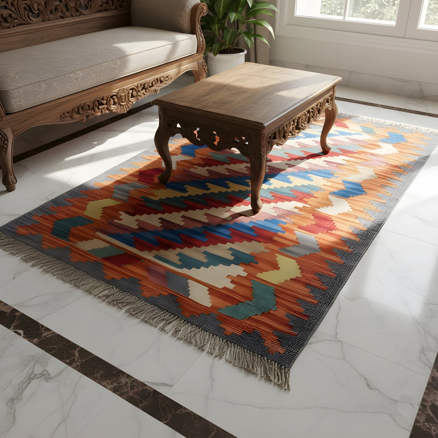 Wohnzimmer Qashqai Kelim Teppich mit geometrischem Muster in Orange Blau Rot