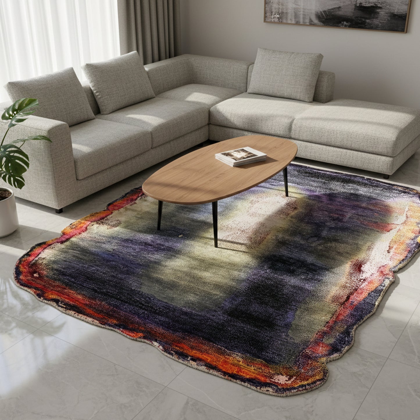 Wohnzimmer Moderner Woll-Viskose Teppich in Lila und Grau