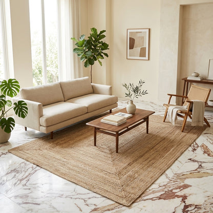 Wohnzimmer-Handwoven jute rug beige 200x290 cm with geometric border pattern
