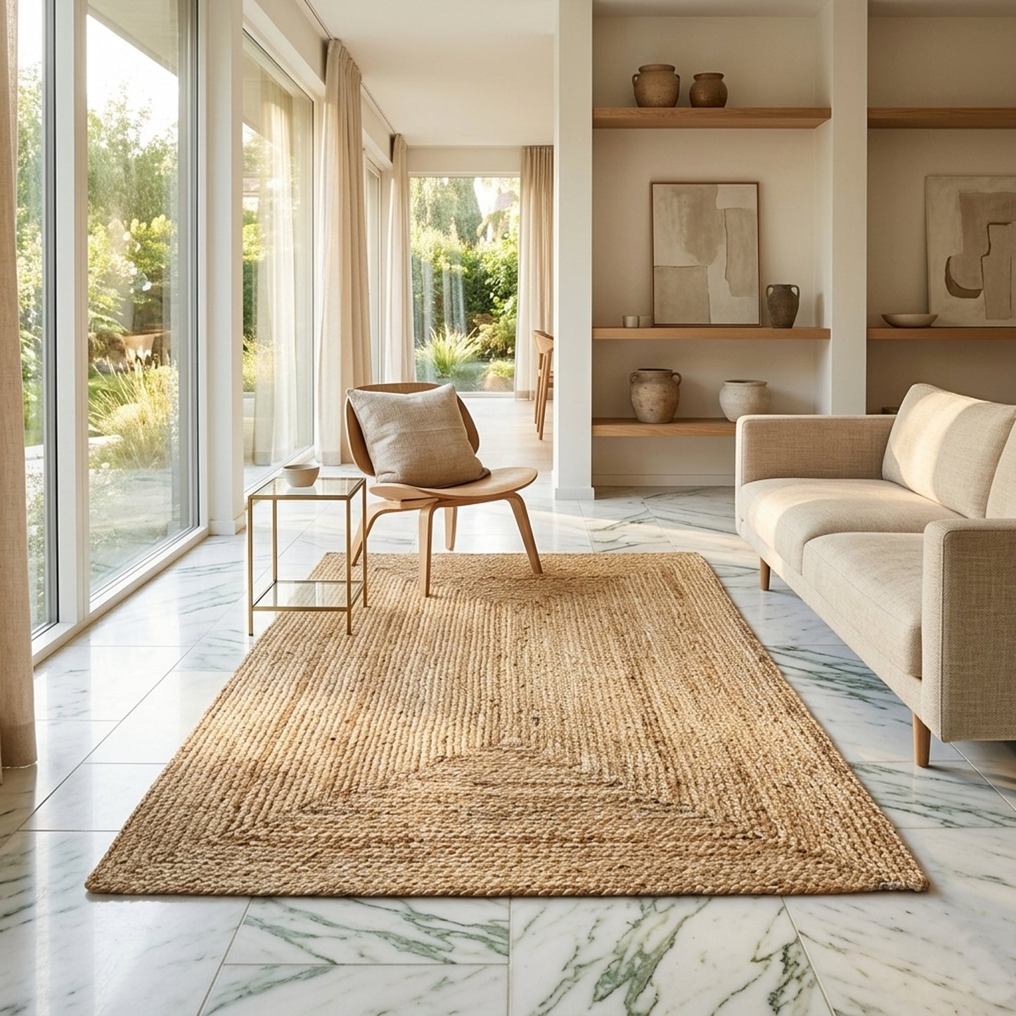 Wohnzimmer-Handwoven beige jute rug 80x150 cm with geometric pattern