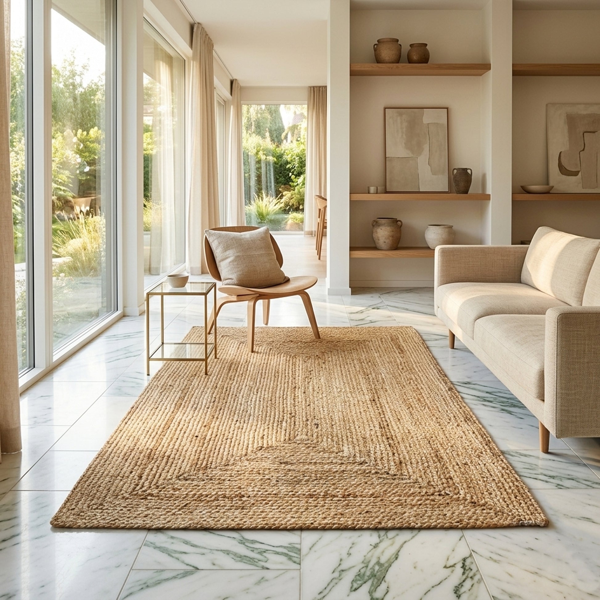 Wohnzimmer-Handwoven beige jute rug 80x150 cm with geometric pattern