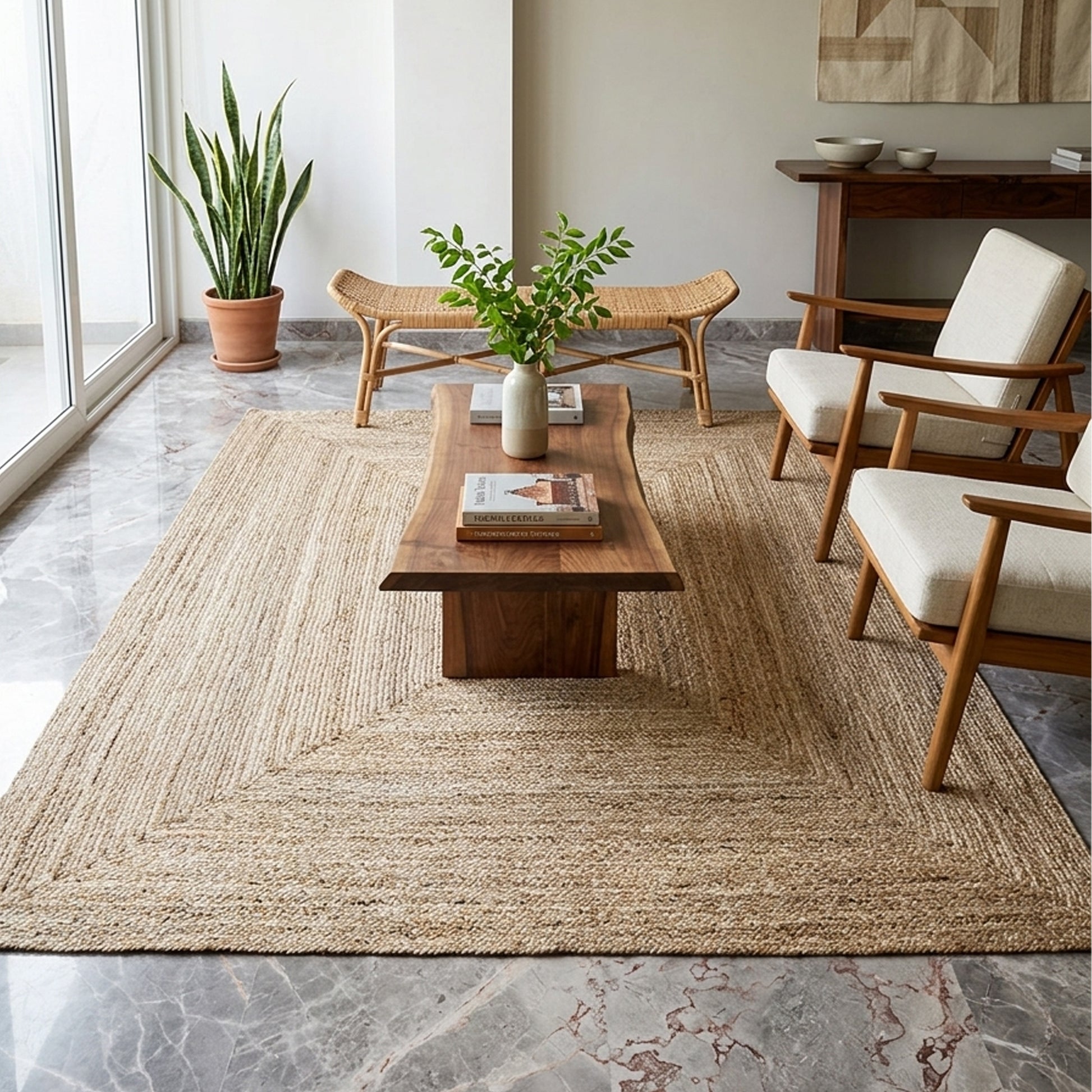 Wohnzimmer-Handwoven jute rug beige 200x240 cm with geometric layered border pattern