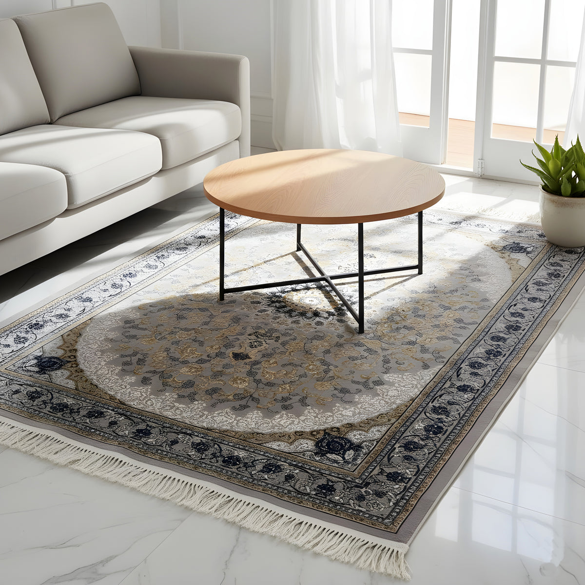 London Medaillon Teppich Grau/Beige | Polypropylen 160x230 cm