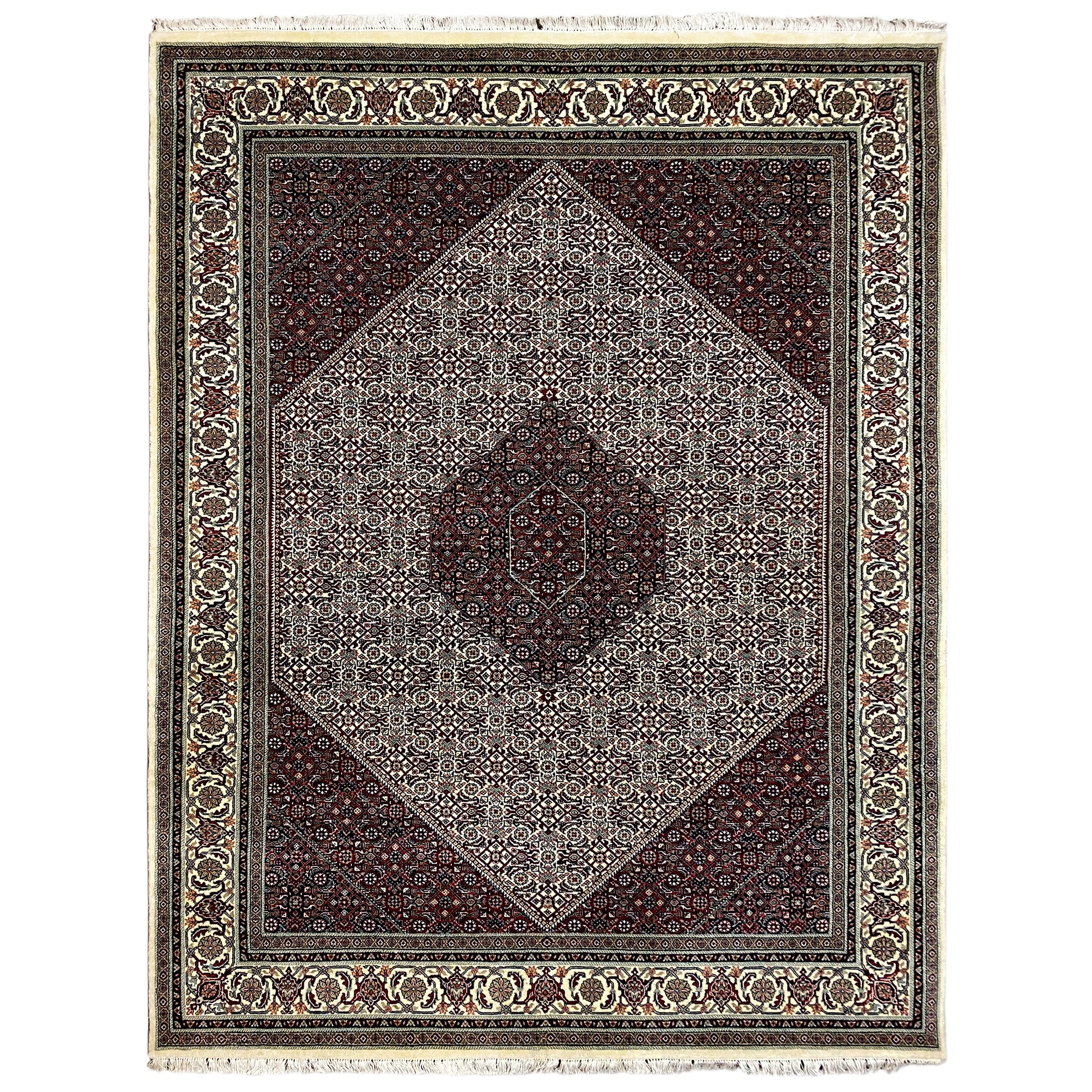 Handgeknüpfter Bidjar Teppich aus Wolle in Bordeauxrot und Creme, 295x249 cm