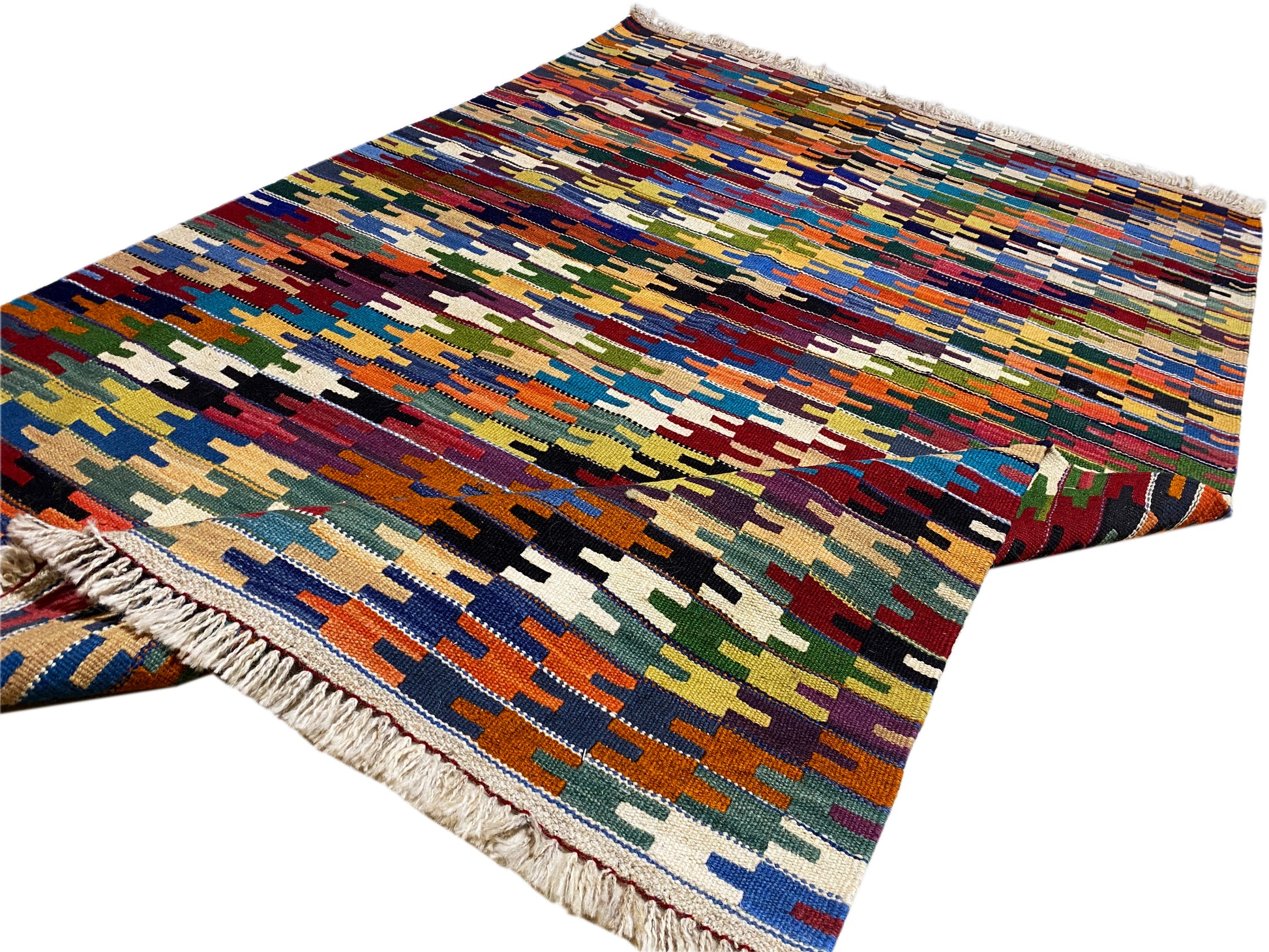 Handgemachter Kelim Teppich mit Mosaikoptik in kräftigen Farben 176x117