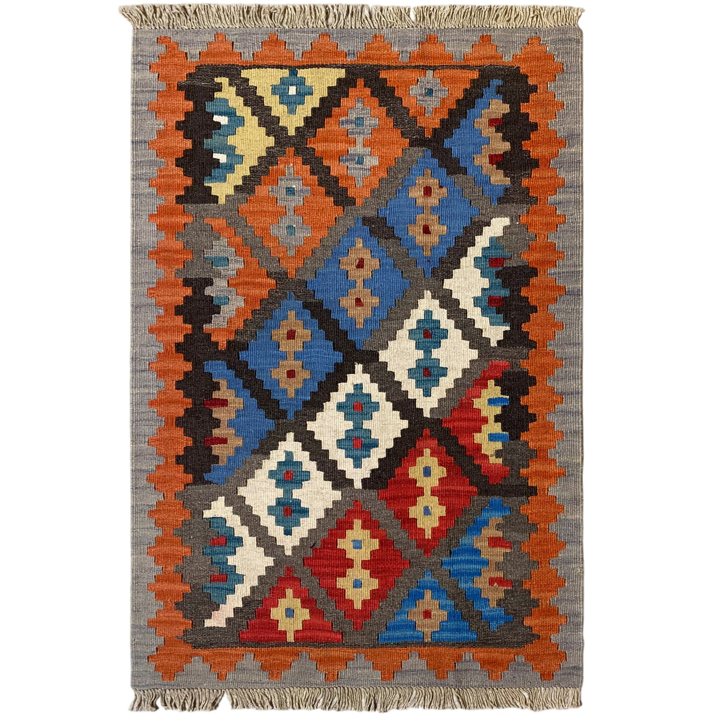 Handgewebter Qashqai Kelim Teppich grau mit Rautenmuster 130x82 cm