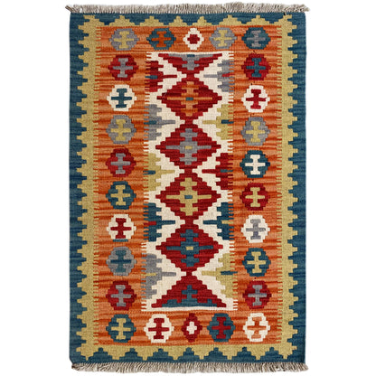 Handgewebter Qashqai Kelim Teppich in Blau Rot 120x80 cm aus Naturwolle