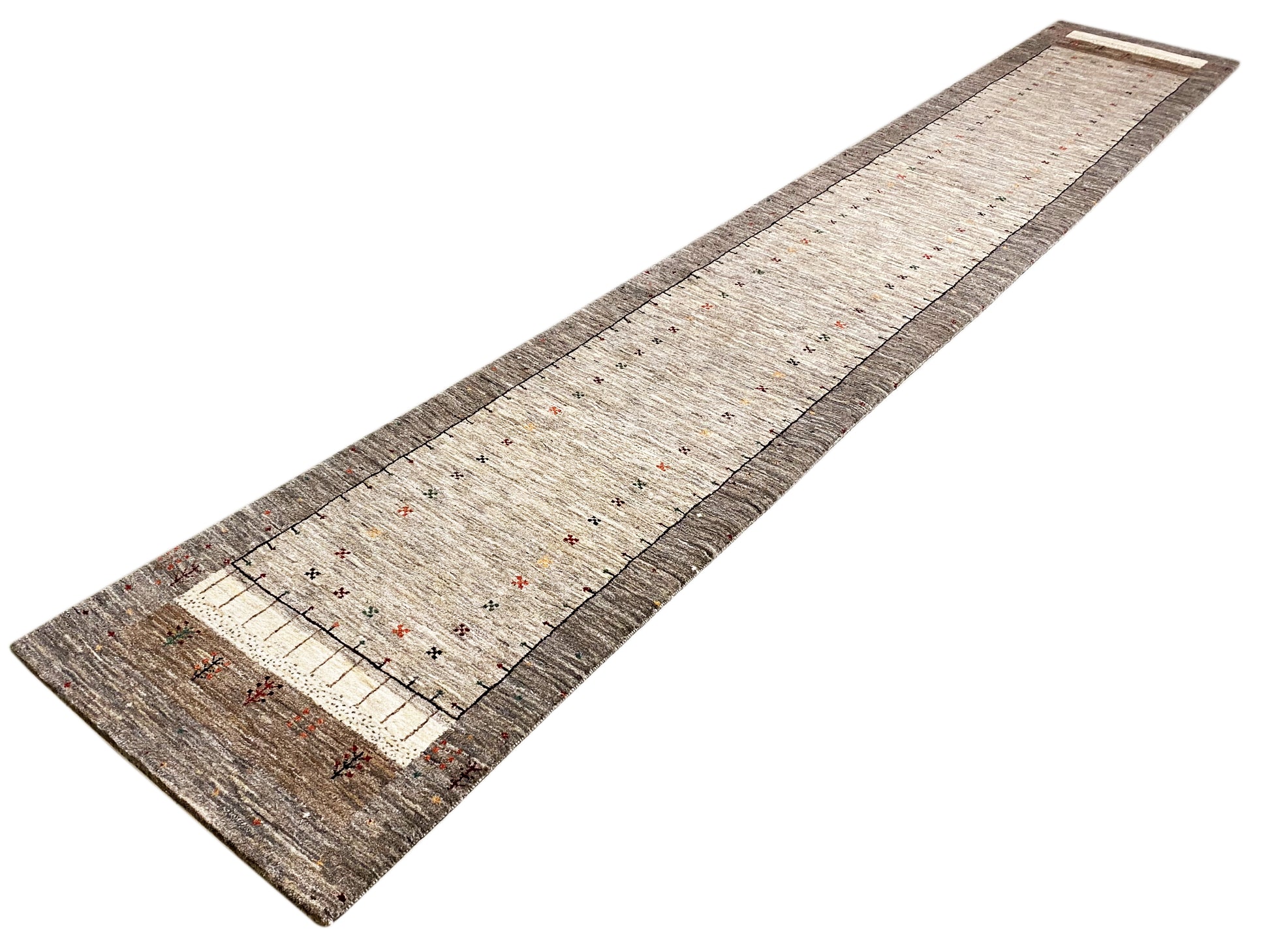 Minimalistischer Woll-Läufer Gabbeh in Beige mit kleinen Farbakzenten, handgemacht