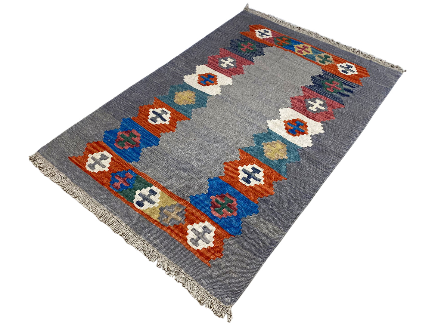 Qashqai Kelim Teppich 151x103 cm, geometrisches Design in Grau und Orange