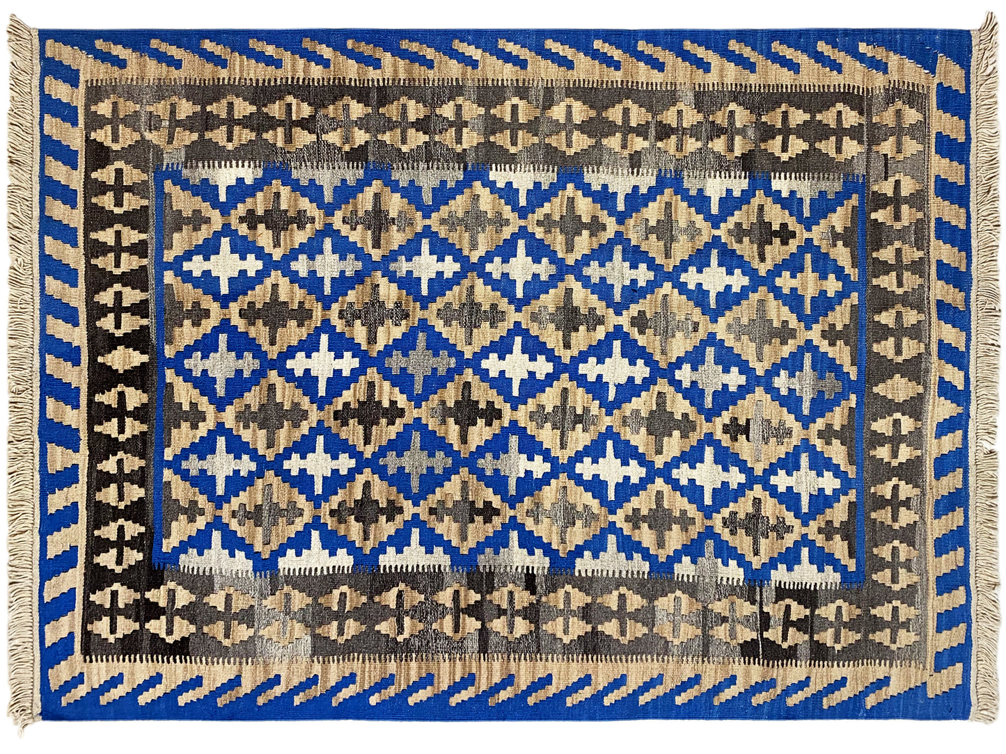 Qashqai Kelim Teppich handgewebt mit geometrischer Bordüre und Fransen