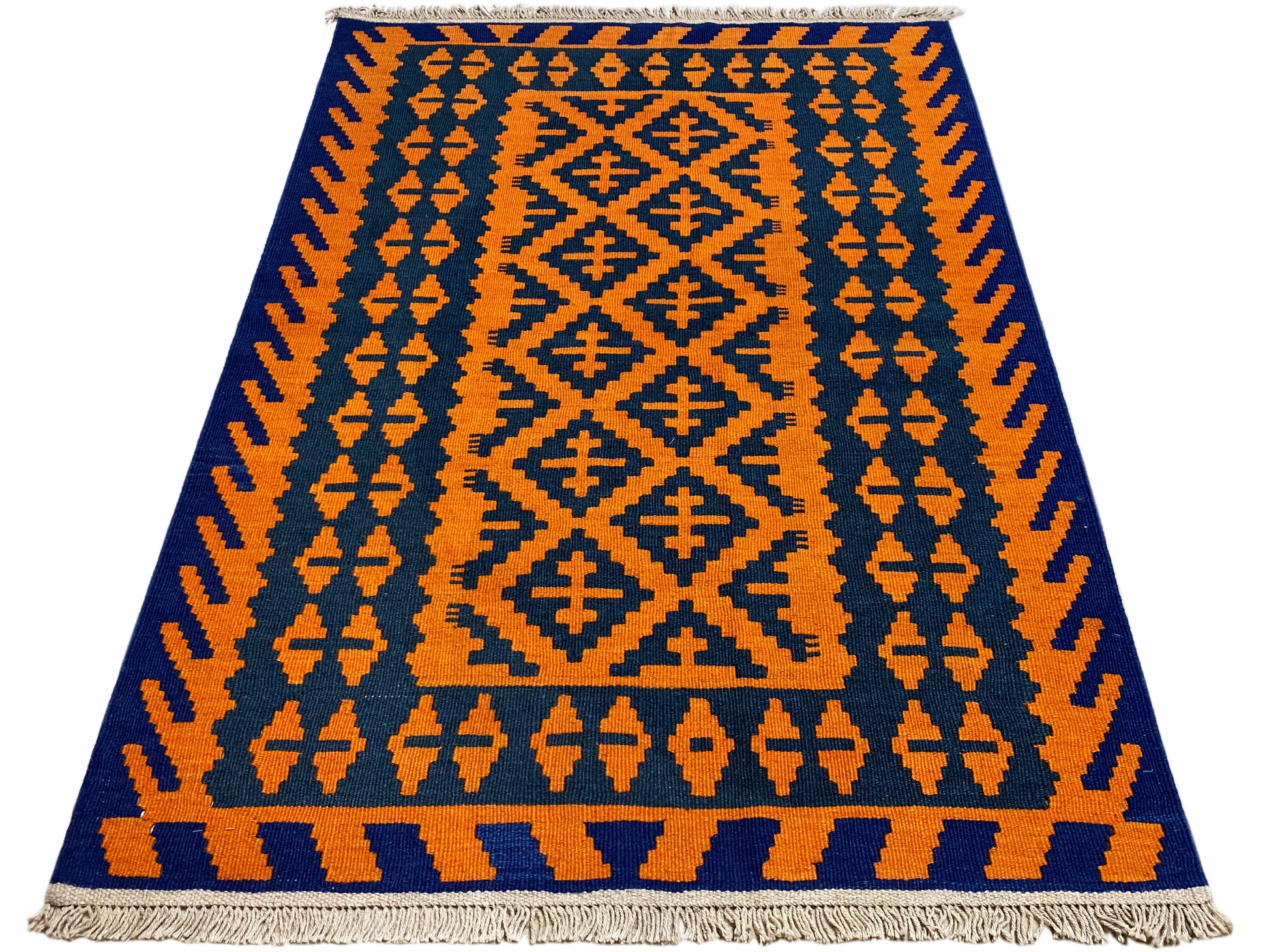 Geometrischer Kelim Teppich blau-orange im Boho Ethno Stil