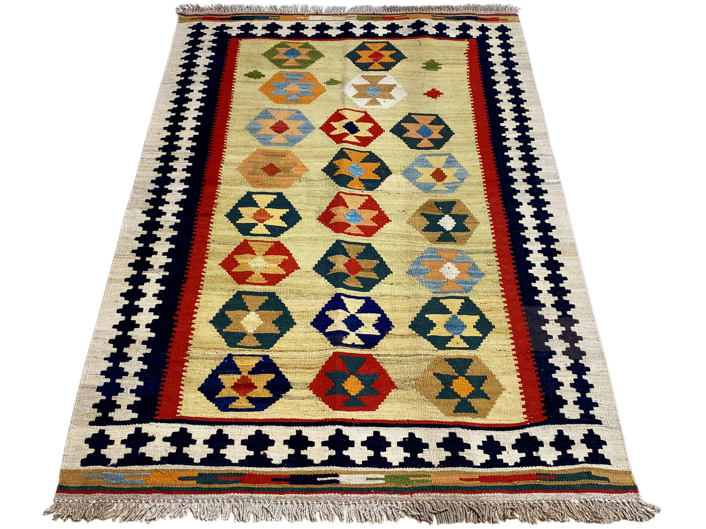 Boho Ethno Kelim Teppich beige mit traditionellem geometrischem Muster