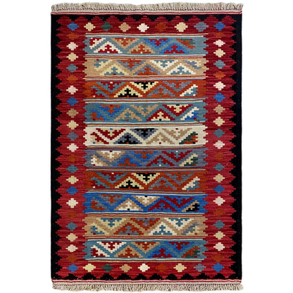 Kelim Qashqai Teppich rot 156x100 cm handgewebt aus Naturwolle mit Streifenmuster