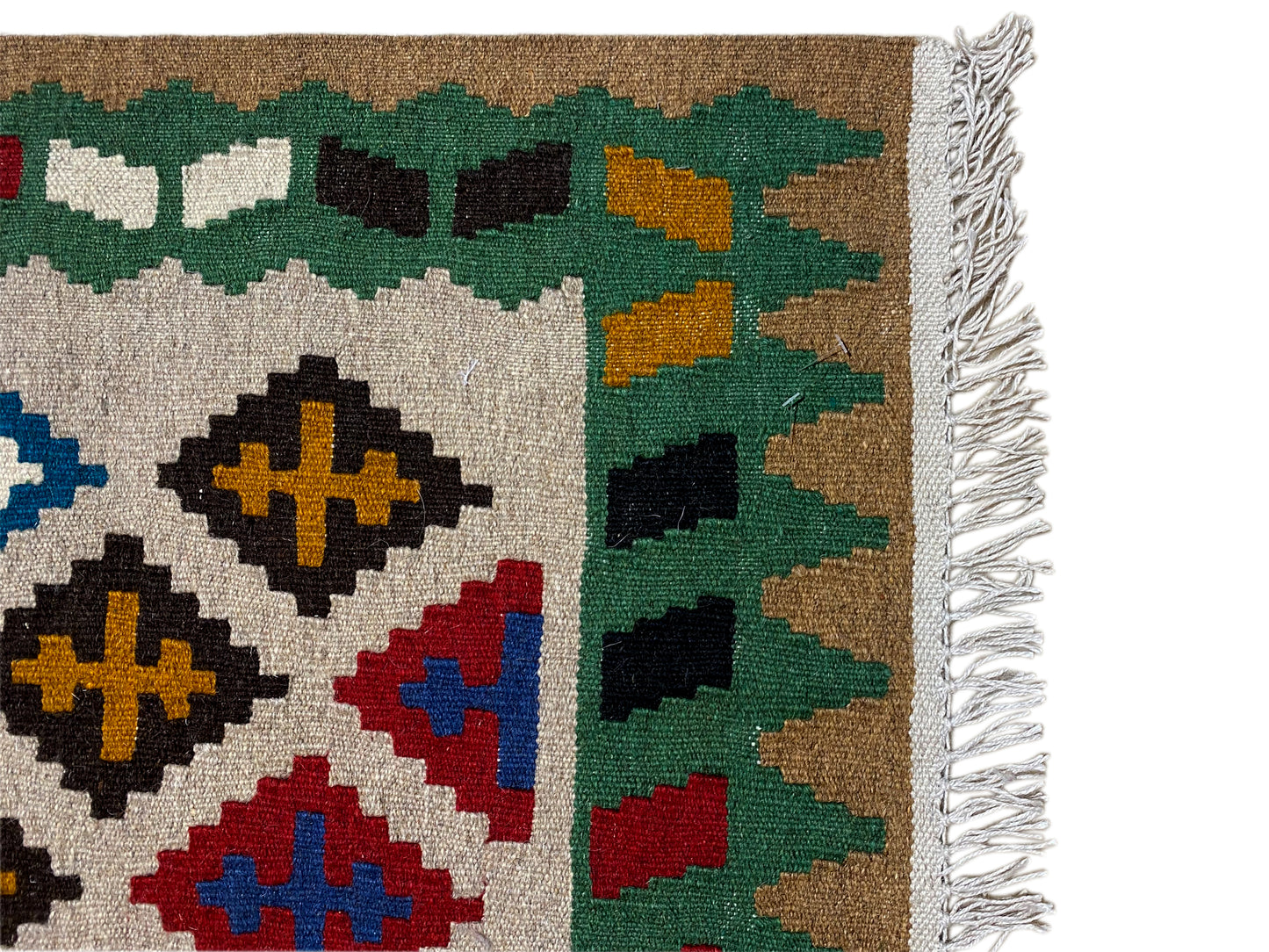 Naturwolle Kelim Teppich in Grün bunt gemustert handgefertigt