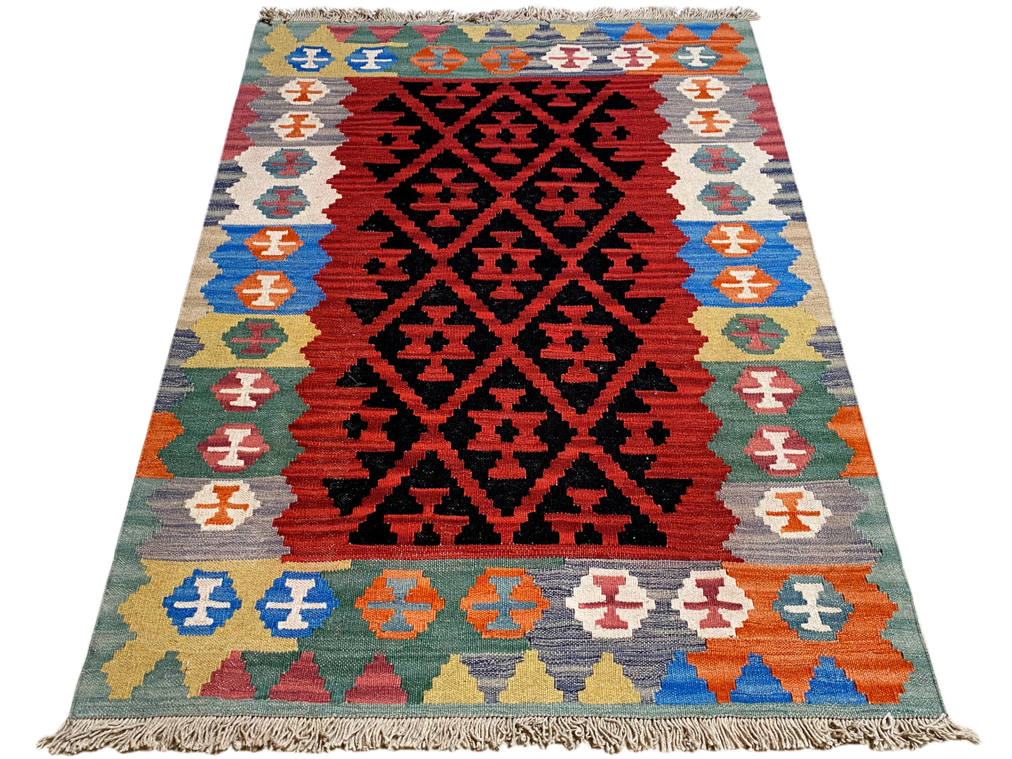 Geometrischer Kelim Teppich 145x106 cm mit Rautenmotiv und Fransen