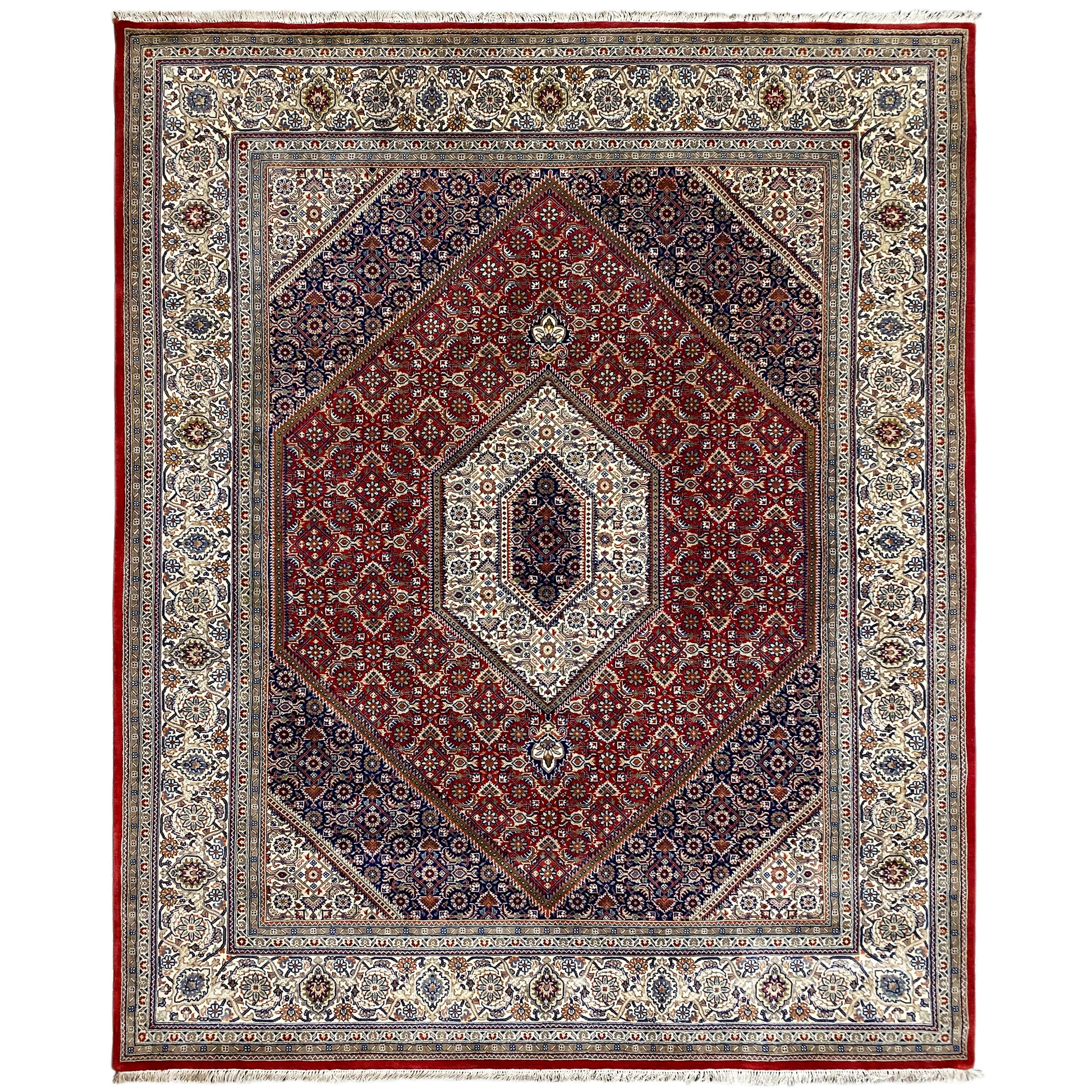 Handgeknüpfter Bidjar Teppich aus Wolle in Rot und Creme, 255x202 cm, Medaillonmuster