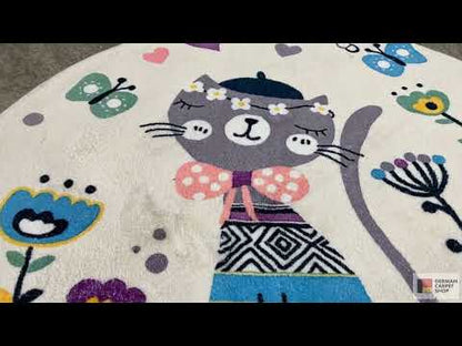Runder Kinderteppich Katze, Weiß, 100 cm
