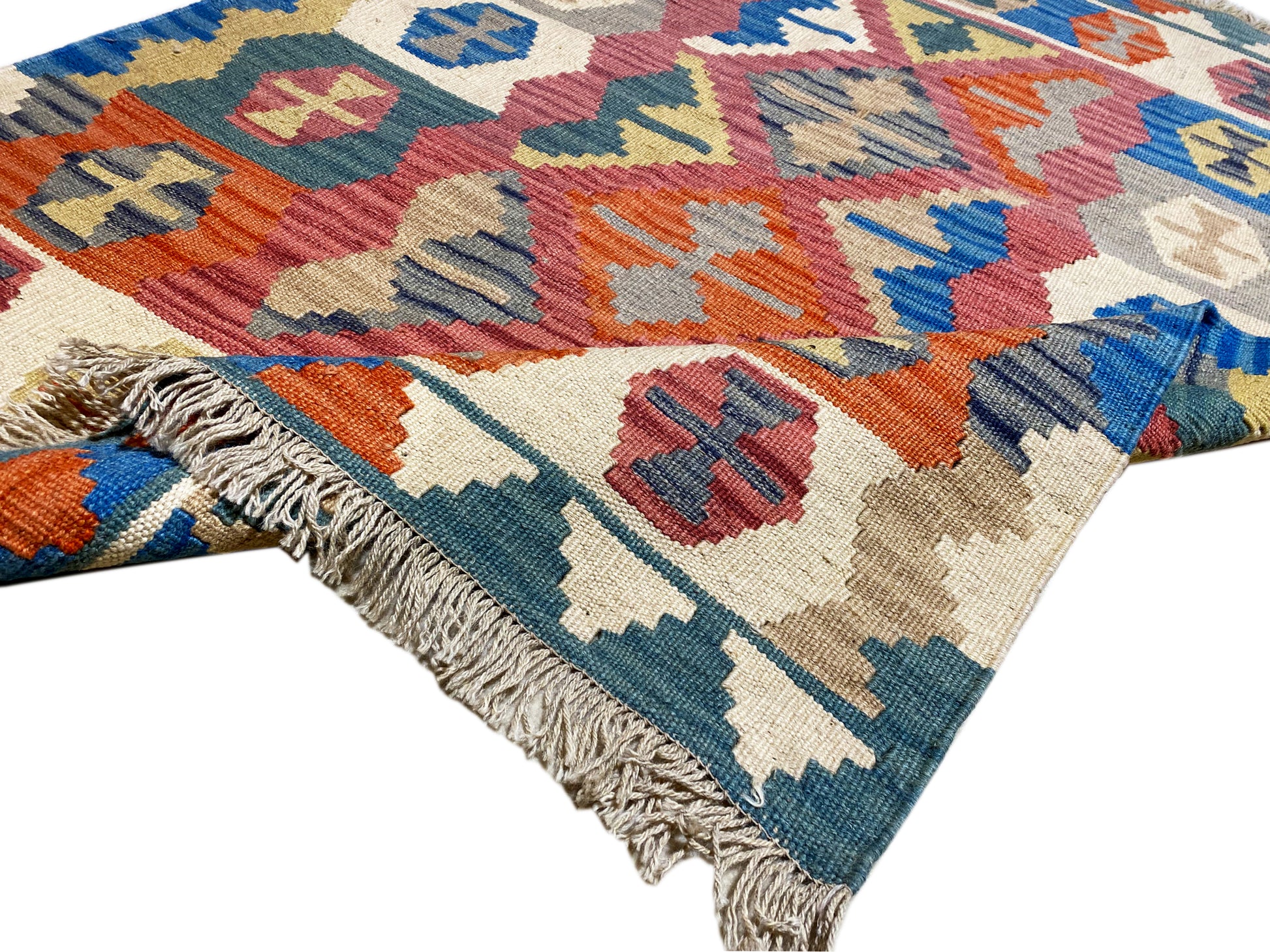 Handgewebter Woll-Kelim Teppich in Blau mit bunten Ornamenten