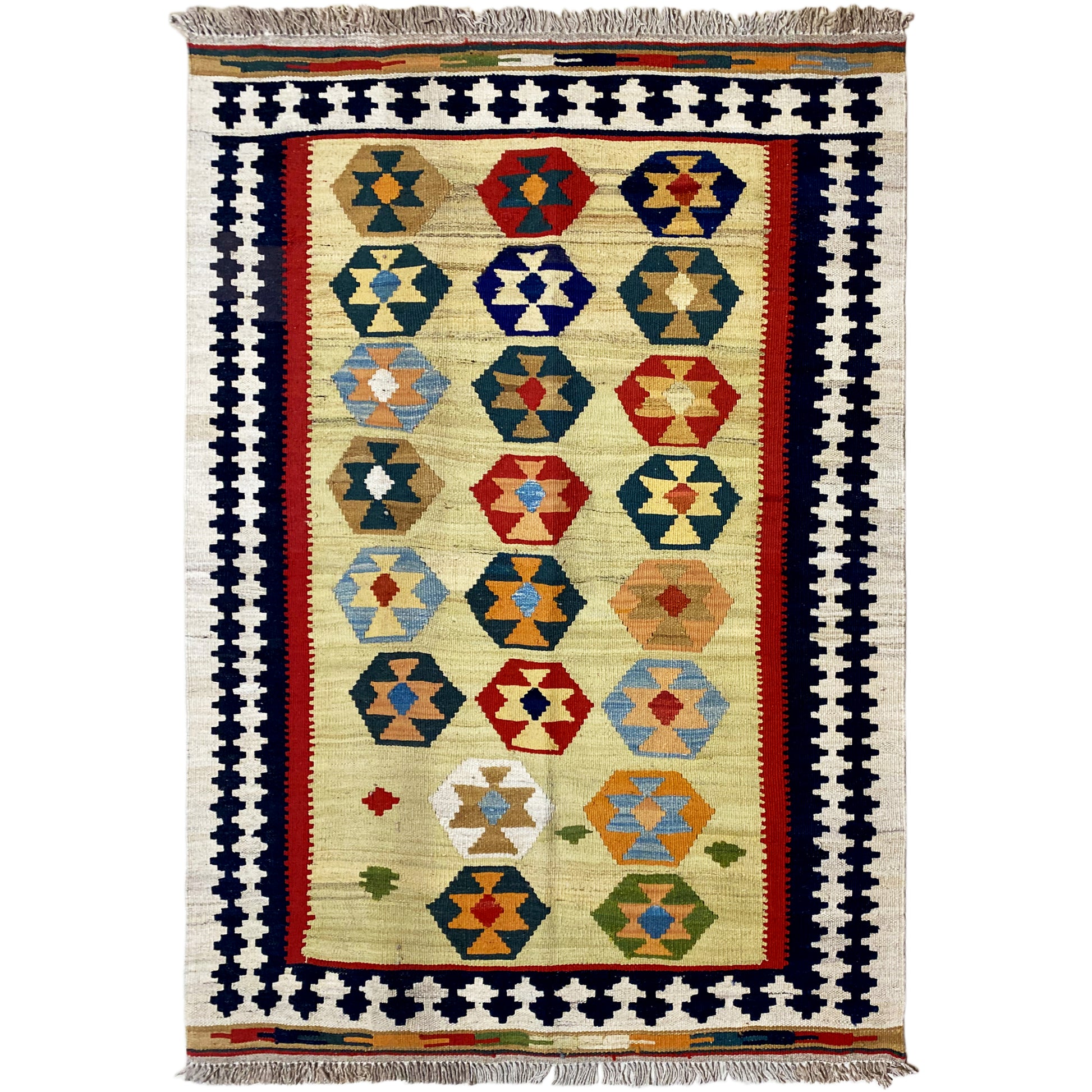 Handgewebter Kelim Qashqai Teppich in Beige 145x104 cm mit geometrischen Medaillons