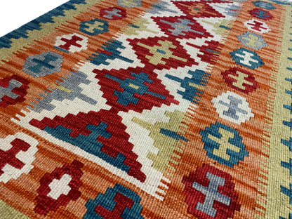 Boho Kelim Teppich 120x80 cm Blau mit warmen Rot- und Ockertönen